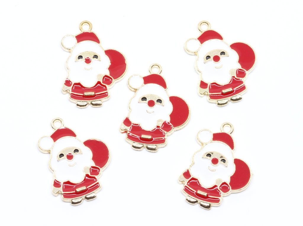 Five Santa Claus enamel charms with gold-tone metal outlines, arranged on a plain white background.