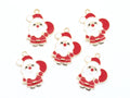Five Santa Claus enamel charms with gold-tone metal outlines, arranged on a plain white background.