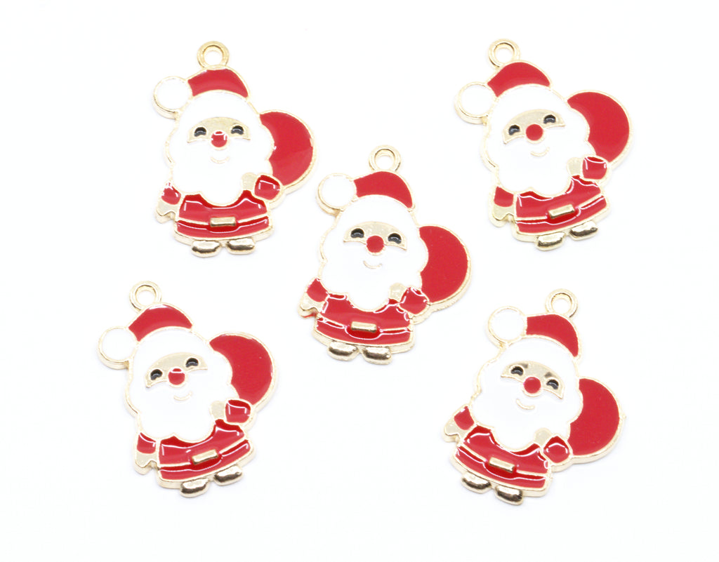 Five Santa Claus enamel charms with gold-tone metal outlines, arranged on a plain white background.