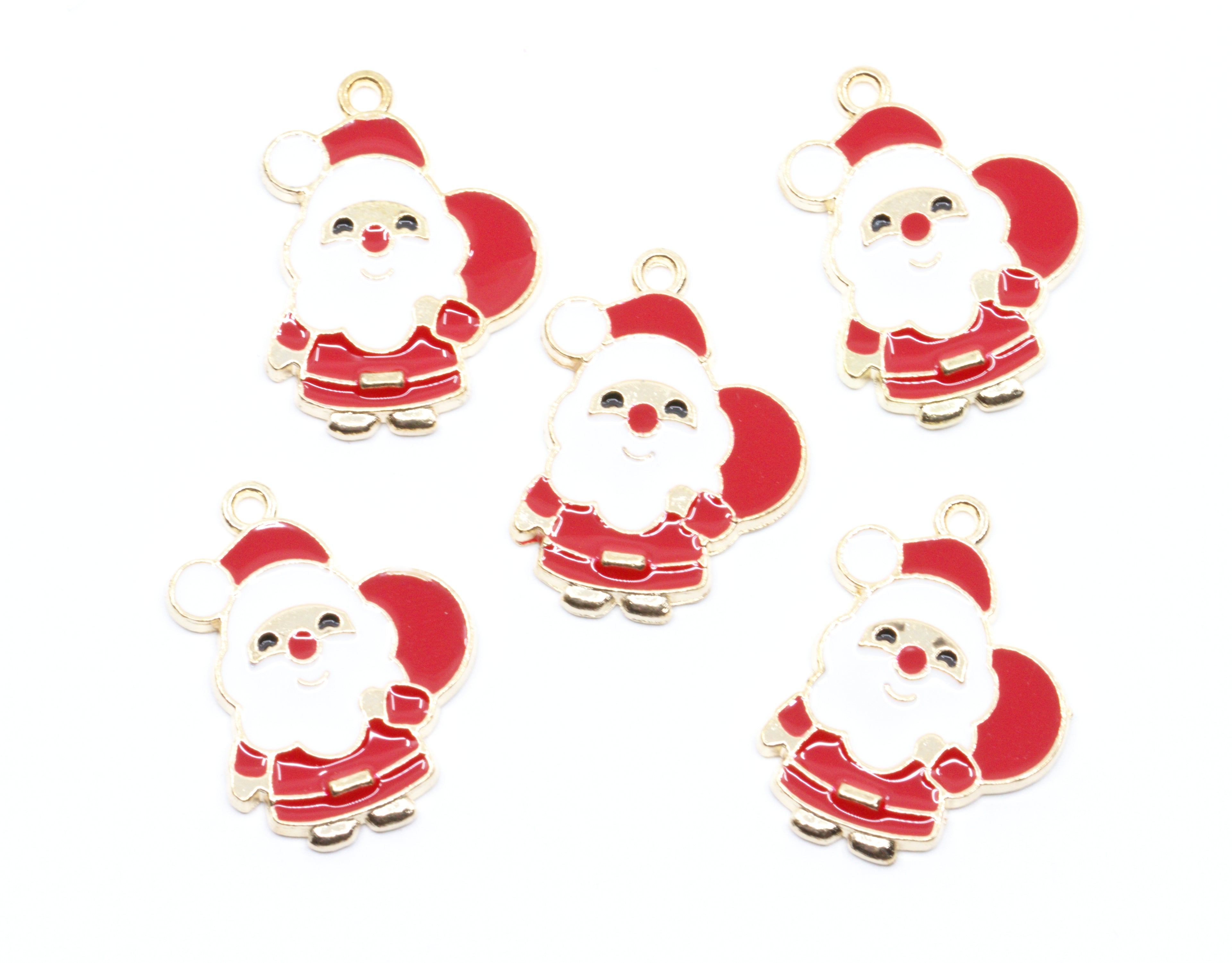 Five Santa Claus enamel charms with gold-tone metal outlines, arranged on a plain white background.