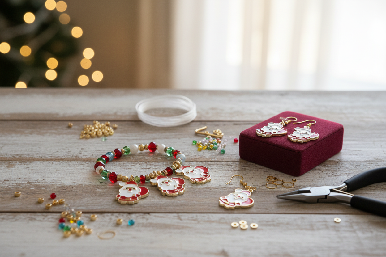 Handmade holiday beaded jewelry laid out on a rustic wooden table, including a beaded bracelet and matching earrings in a small red velvet box, with beads, pliers, and blurred Christmas lights in the background.