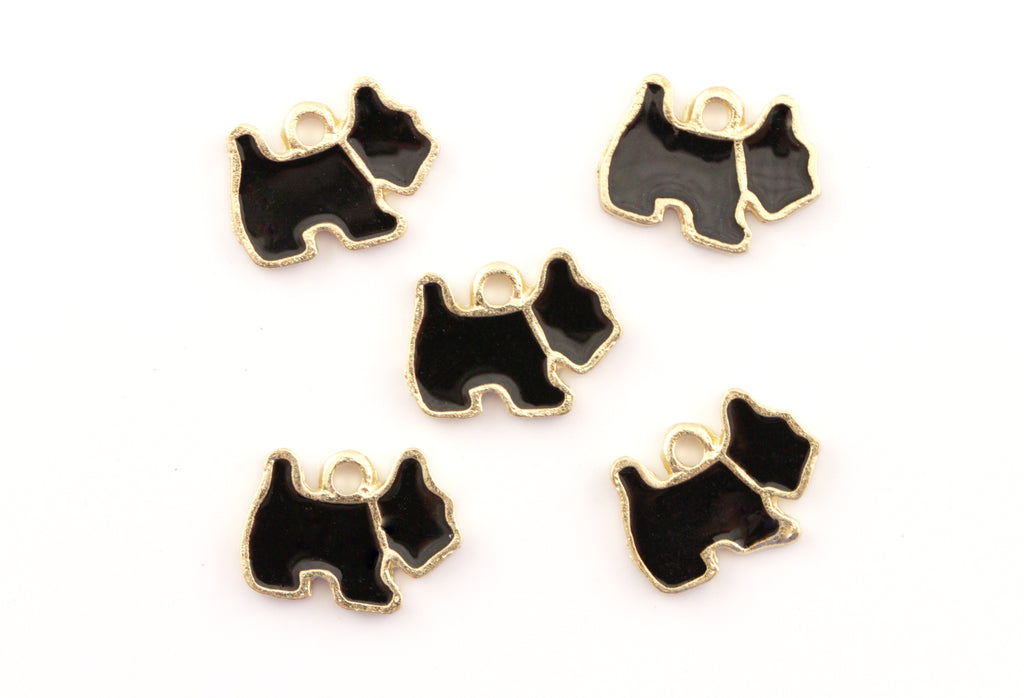Five black and gold dog-shaped charms with small hanging loops, arranged on a plain white background.