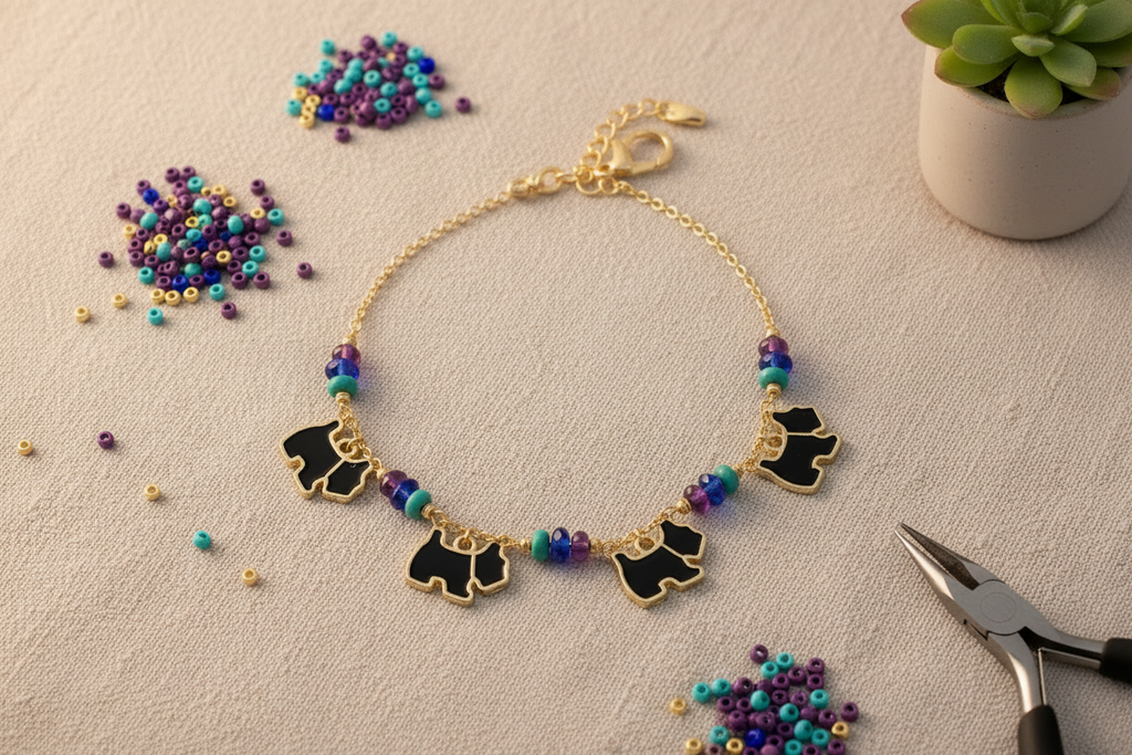A gold chain bracelet with four black dog charms and colorful purple, teal, and gold seed beads, displayed on a textured beige surface with crafting supplies and a small succulent.