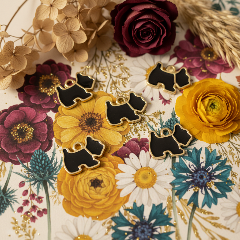 Five black and gold Scottish Terrier-shaped charms with a glossy enamel finish are arranged on a vintage floral illustration background featuring yellow, burgundy, and white flowers.