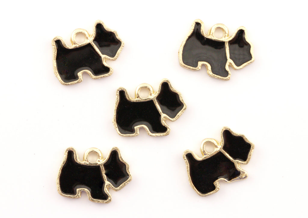 Five black and gold dog-shaped charms with small hanging loops, arranged on a plain white background.