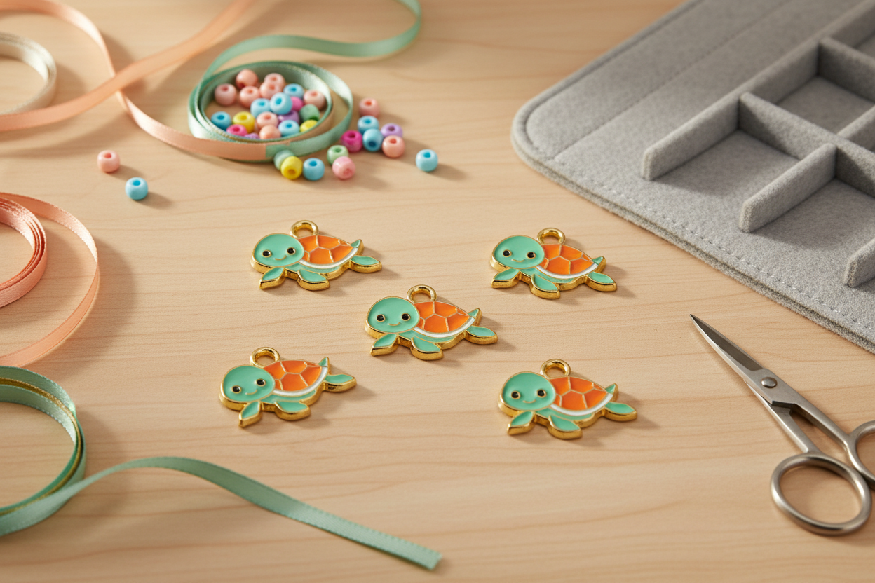 Five small turtle-shaped jewelry charms with mint green bodies and orange shells are arranged on a light wood surface with crafting supplies nearby, including ribbons, beads, scissors, and a gray organizer tray.