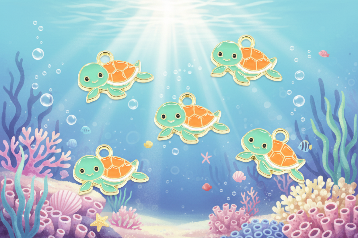 Five cartoon sea turtle charms with gold-tone loops are floating in an underwater ocean scene with blue water, bubbles, coral, and sun rays.