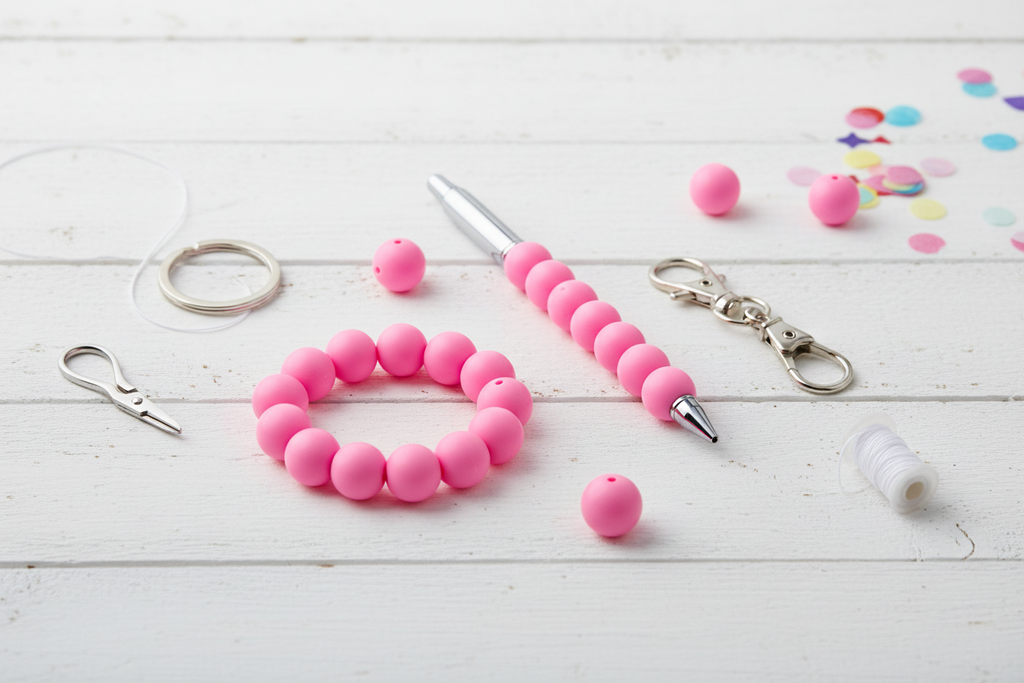Pink beads shown as a beaded keychain, pen, and ring on a white wooden surface with colorful confetti.
