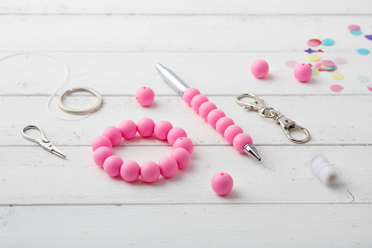 Pink beads shown as a beaded keychain, pen, and ring on a white wooden surface with colorful confetti.