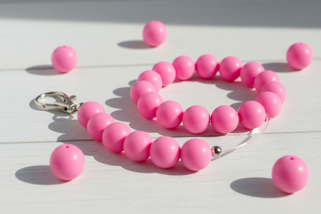 Pink beads shown as a beaded keychain and necklace on a white surface with scattered beads.