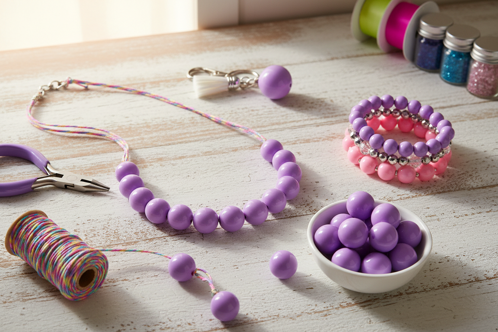 Purple beads shown as beaded necklace and bracelets on a wooden surface with spools of thread and small containers.