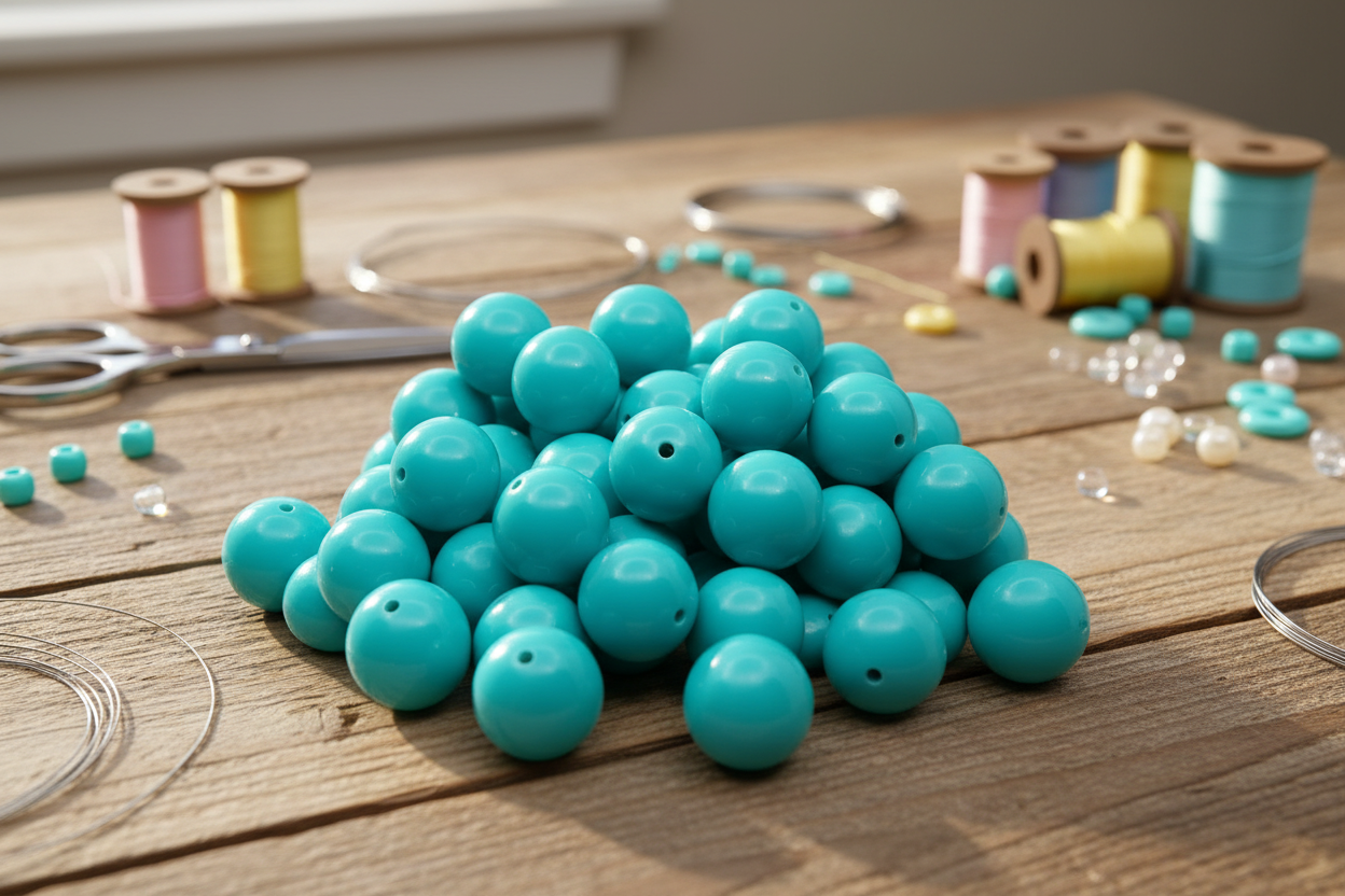 blue beads on a wooden surface with spools of thread and scissors in the background.