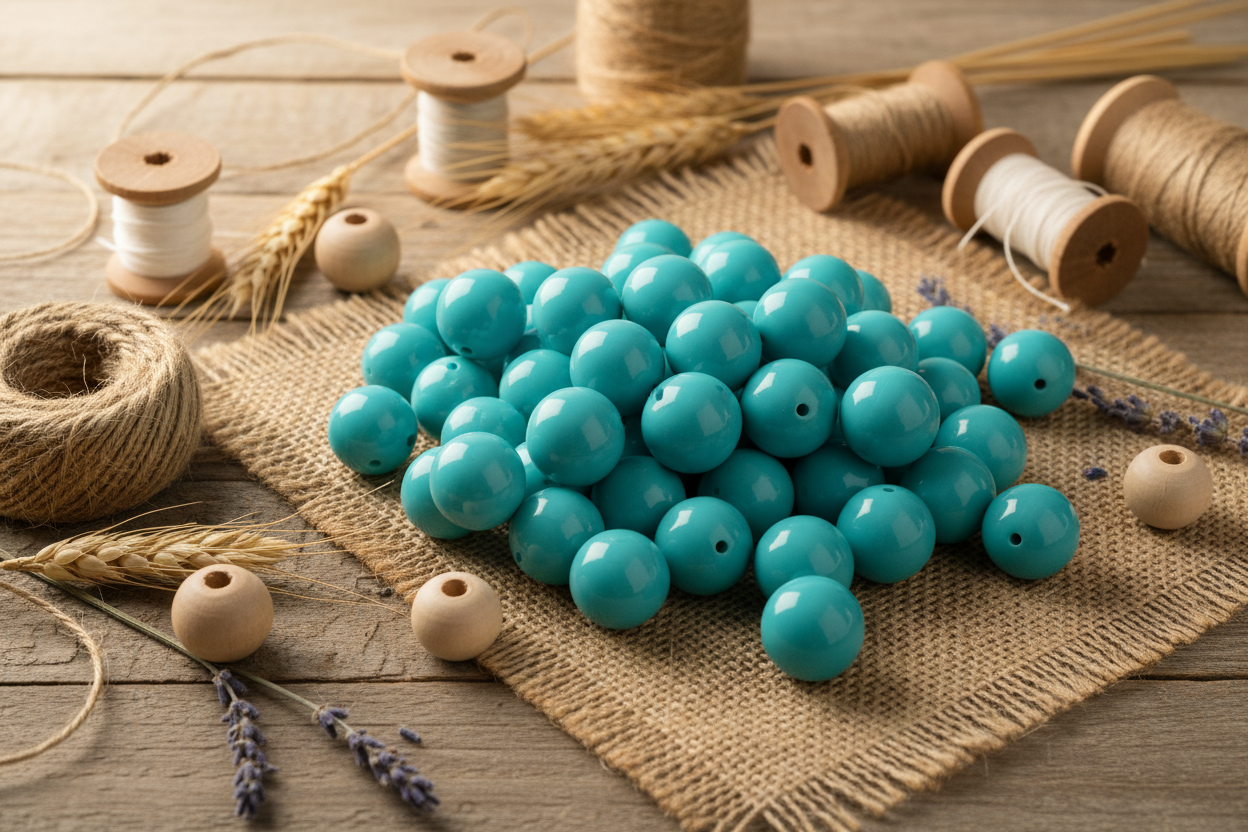 blue beads on a rustic wooden surface with spools of thread and jute fabric.