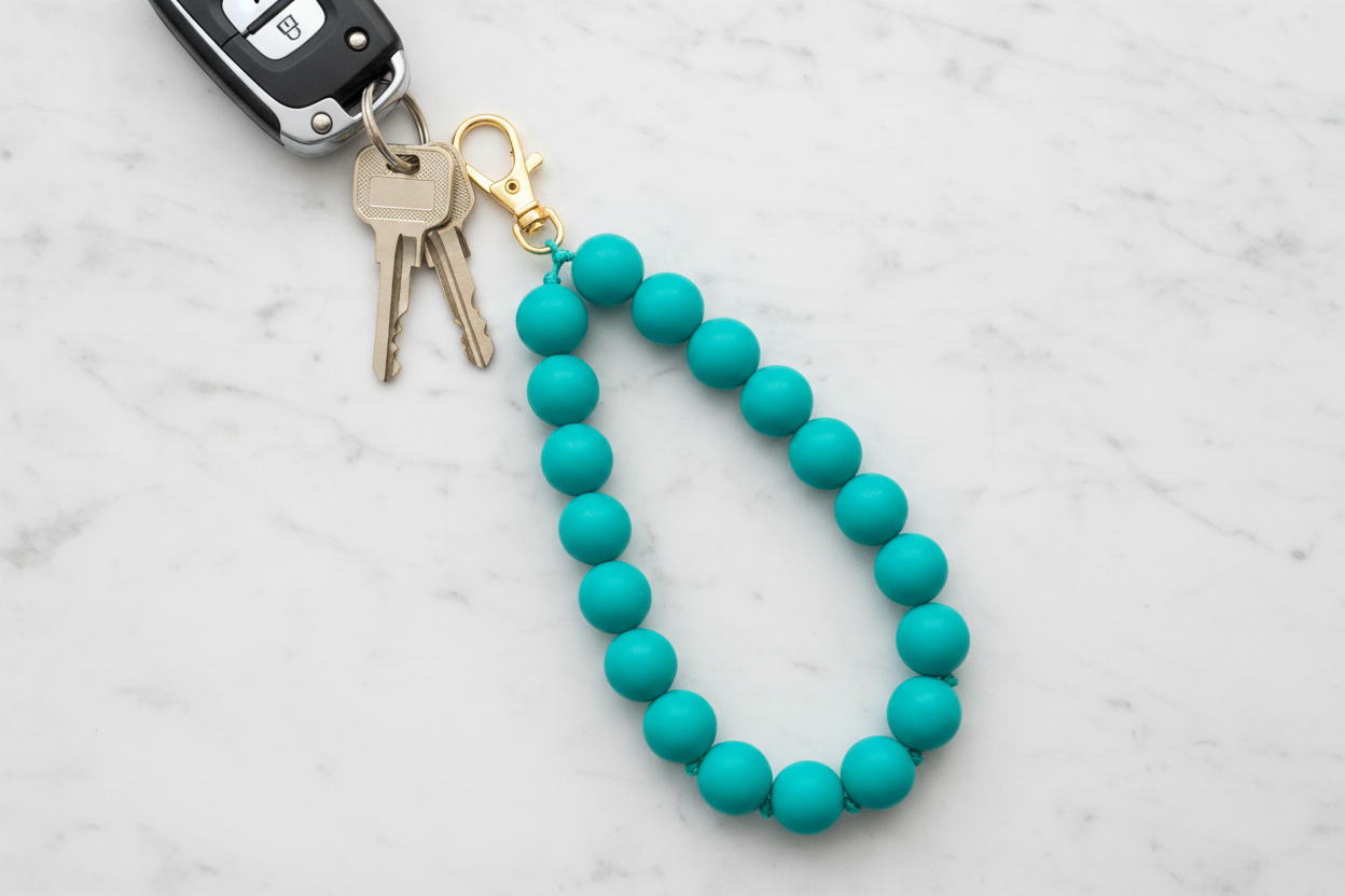 teal beads shown as a beaded keychain attached to keys on a marble surface
