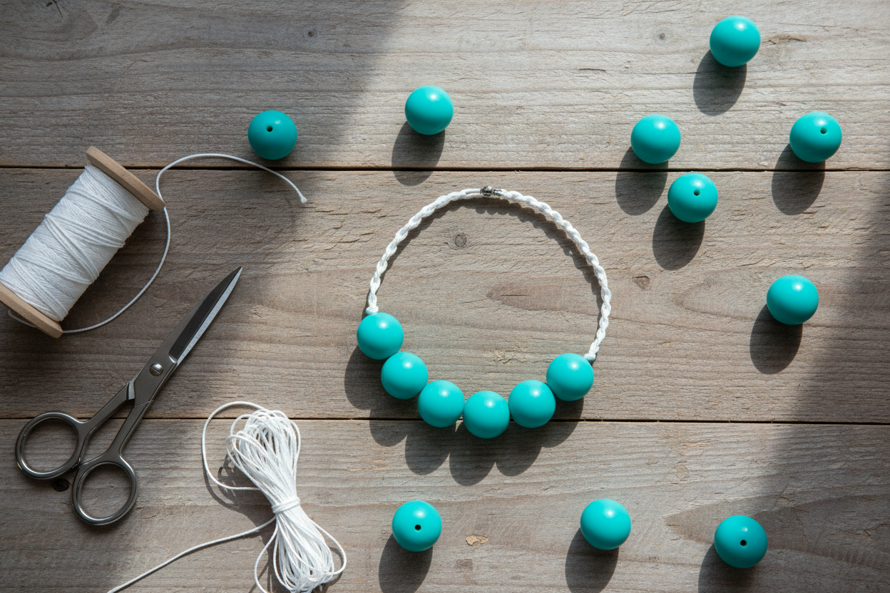 teal blue beads shown as bracelet and crafting materials on a wooden surface