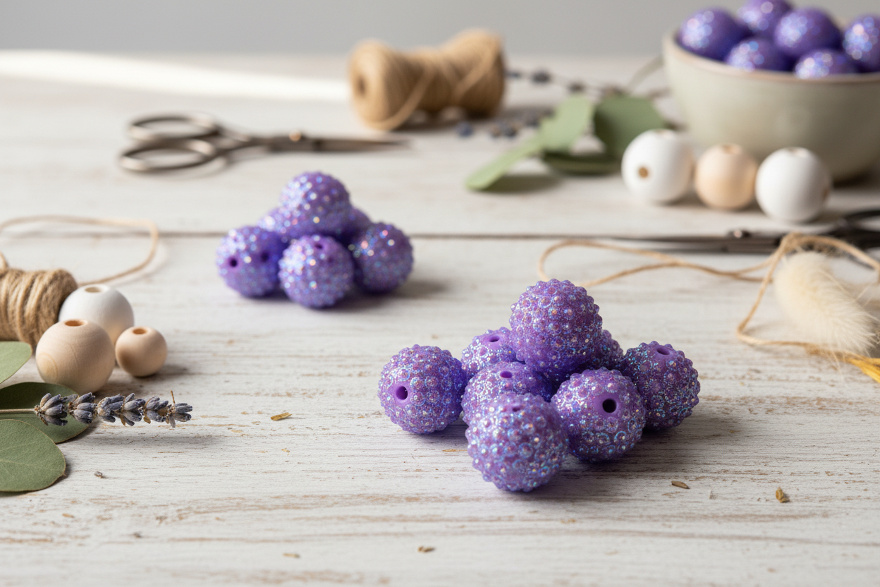 Purple sunburst rhinestone beads, arranged on a white wooden surface with craft supplies like scissors, twine, spools, and other decorative beads in the background.