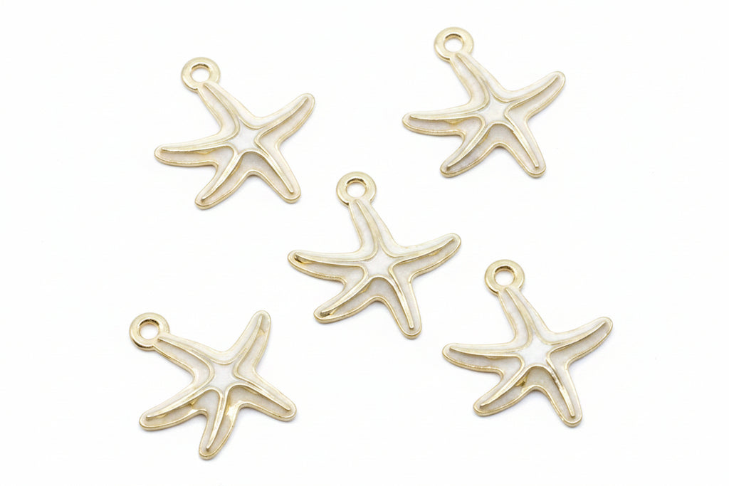 Five white and cream starfish-shaped jewelry charms arranged on a plain white background.