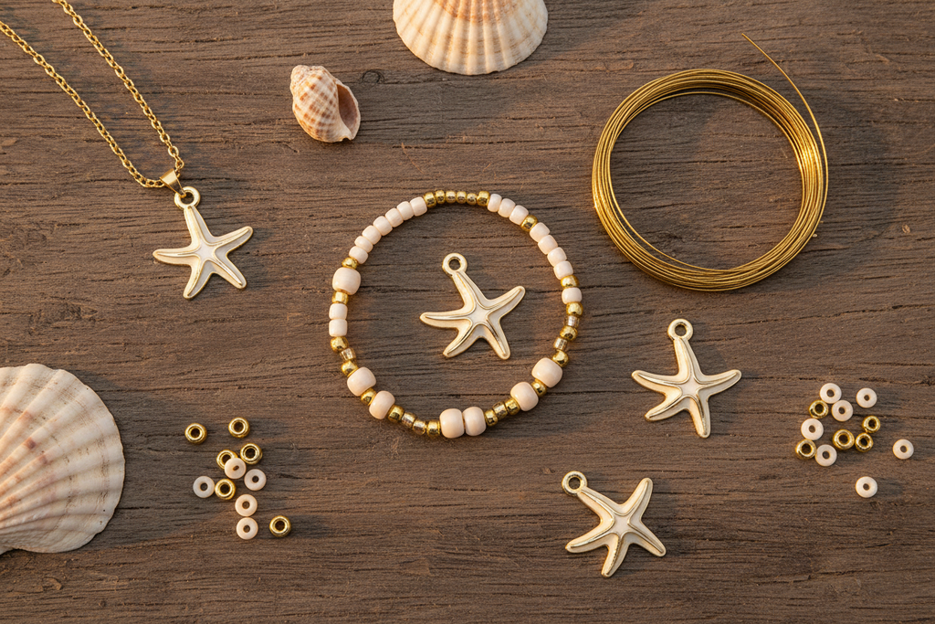 Starfish jewelry charms and materials arranged on a wooden surface with seashells, including a gold starfish pendant on a chain, a beaded bracelet with a starfish charm, loose beads, and wire. 