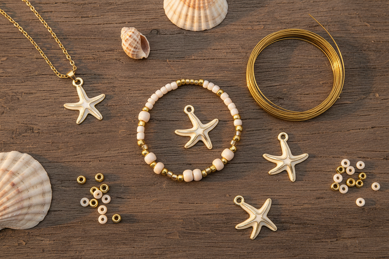 Starfish jewelry charms and materials arranged on a wooden surface with seashells, including a gold starfish pendant on a chain, a beaded bracelet with a starfish charm, loose beads, and wire. 