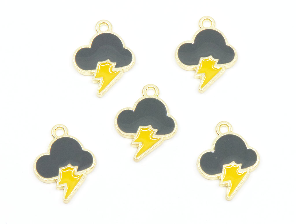 Five matching cloud and lightning bolt charms with gray enamel, yellow lightning bolts, and gold-tone metal borders, arranged on a plain white background.
