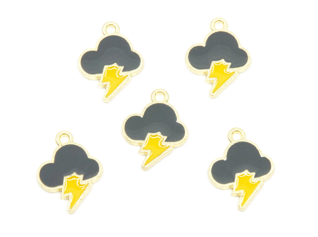 Five matching cloud and lightning bolt charms with gray enamel, yellow lightning bolts, and gold-tone metal borders, arranged on a plain white background.