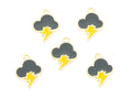 Five matching cloud and lightning bolt charms with gray enamel, yellow lightning bolts, and gold-tone metal borders, arranged on a plain white background.