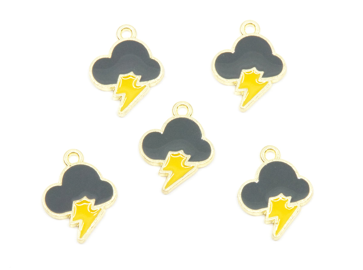 Five matching cloud and lightning bolt charms with gray enamel, yellow lightning bolts, and gold-tone metal borders, arranged on a plain white background.