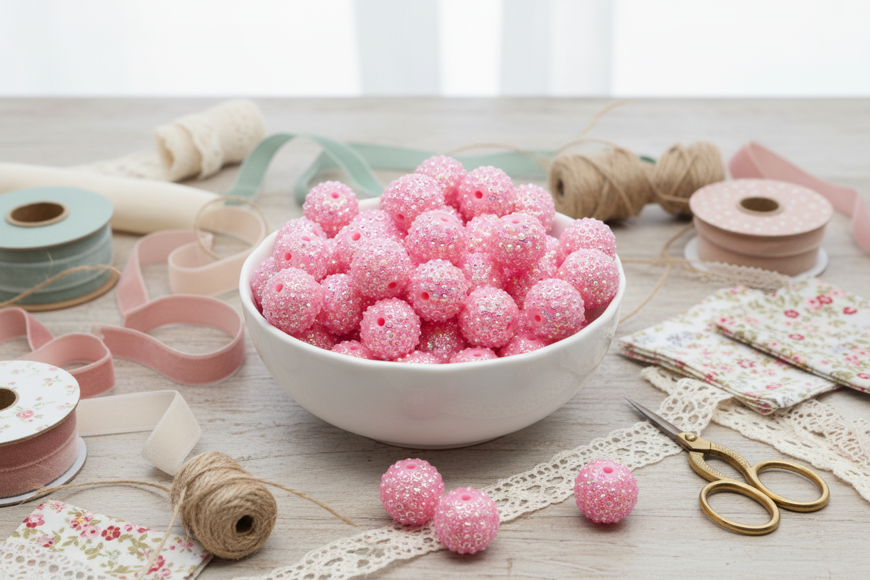 A white bowl filled with pink rhinestone bubblegum beads, surrounded by craft supplies including spools of ribbon, lace, scissors, and thread on a light wooden table.