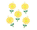 Five enamel sunflower charms with gold-tone metal edges, yellow petals, green stems and leaves, and smiling yellow flower centers, arranged on a plain white background.