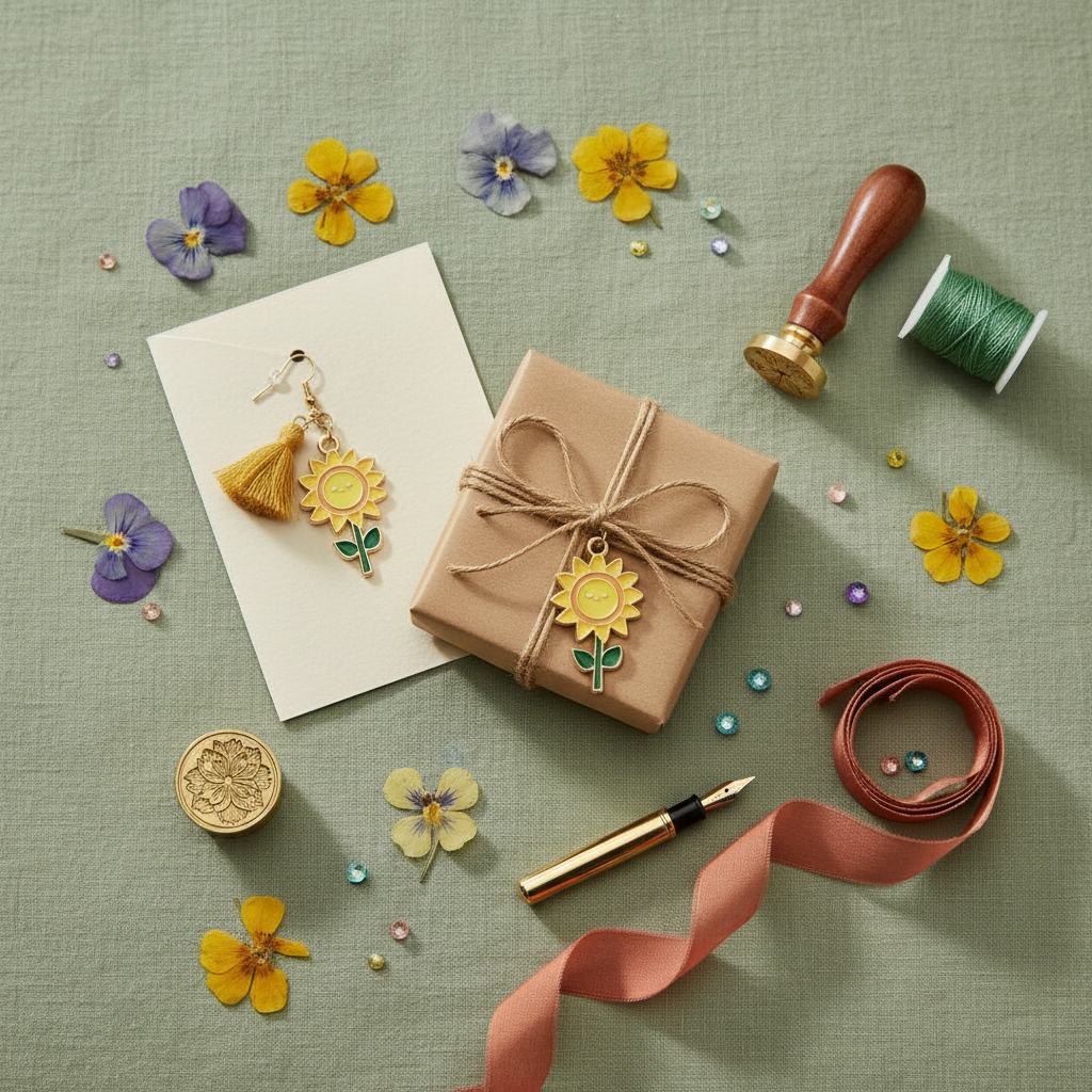 A styled flat-lay featuring a pair of gold sunflower and tassel earring on a white card next to a wrapped gift box with a matching sunflower charm. The scene is decorated with yellow and purple flowers, a wooden stamp, a spool of green thread, a pink ribbon, and other stationery items on a sage green textured background.