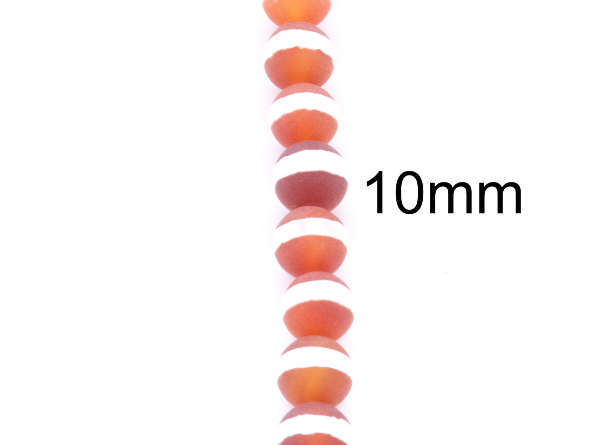 A vertical strand of round orange Tibetan agate beads with white stripes  on a white background with the text '10mm' overlaid to indicate size.