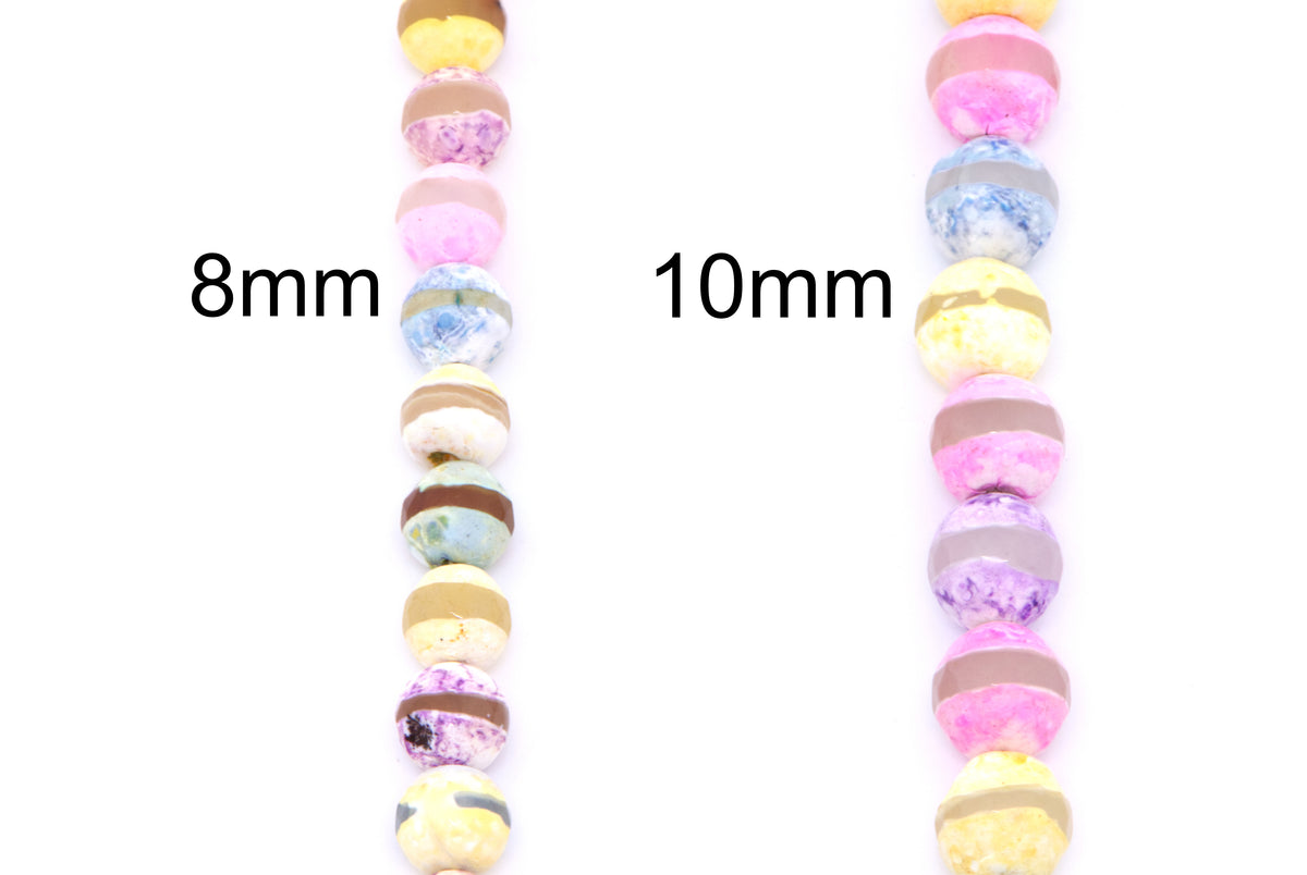 Two strands of round striped Tibetan beads shown on a white background, labeled 8mm and 10mm to indicate size options.