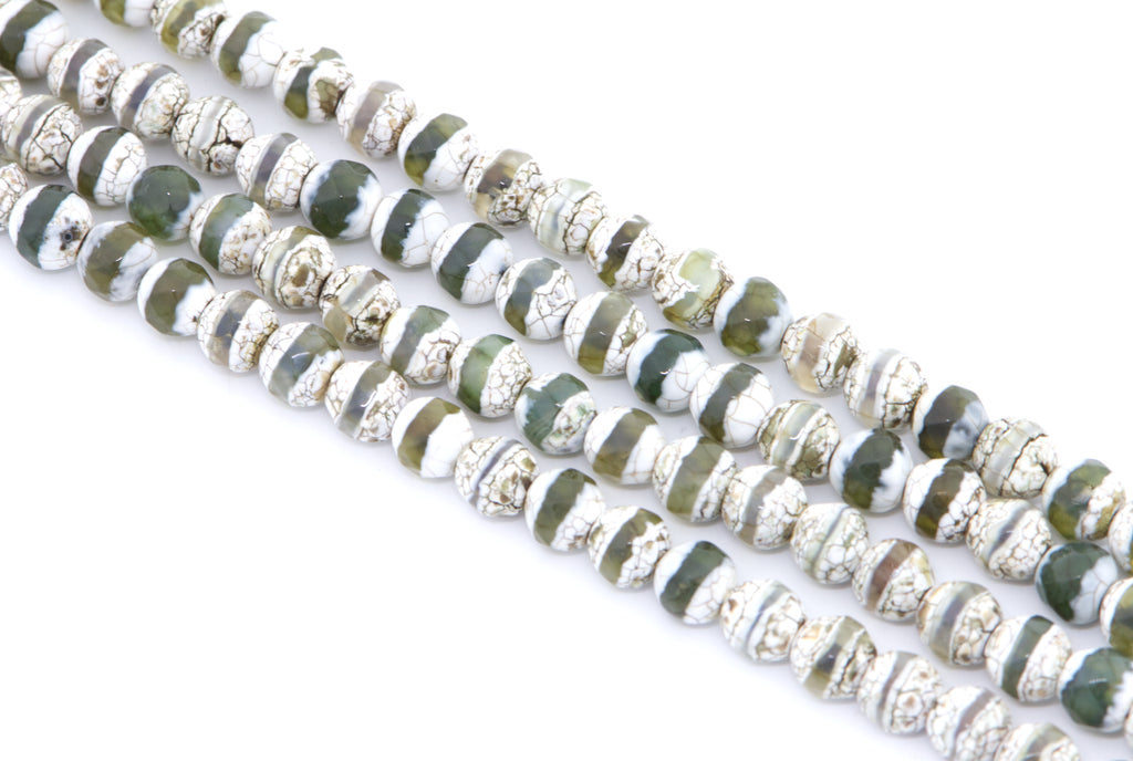 Four strands of round Tibetan agate beads with a distinctive white and green banded pattern, set against a plain white background.
