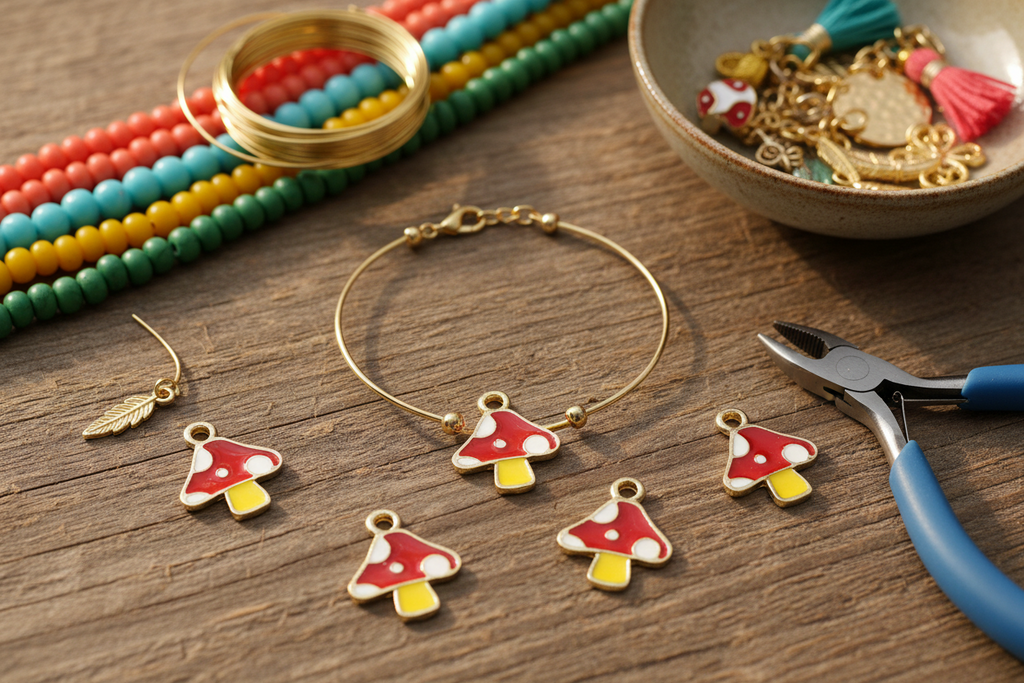 A gold-tone jewelry set featuring mushroom-shaped charms, a bracelet, earrings, and matching rings, arranged on a wooden surface with beads, pliers, and a bowl of findings.