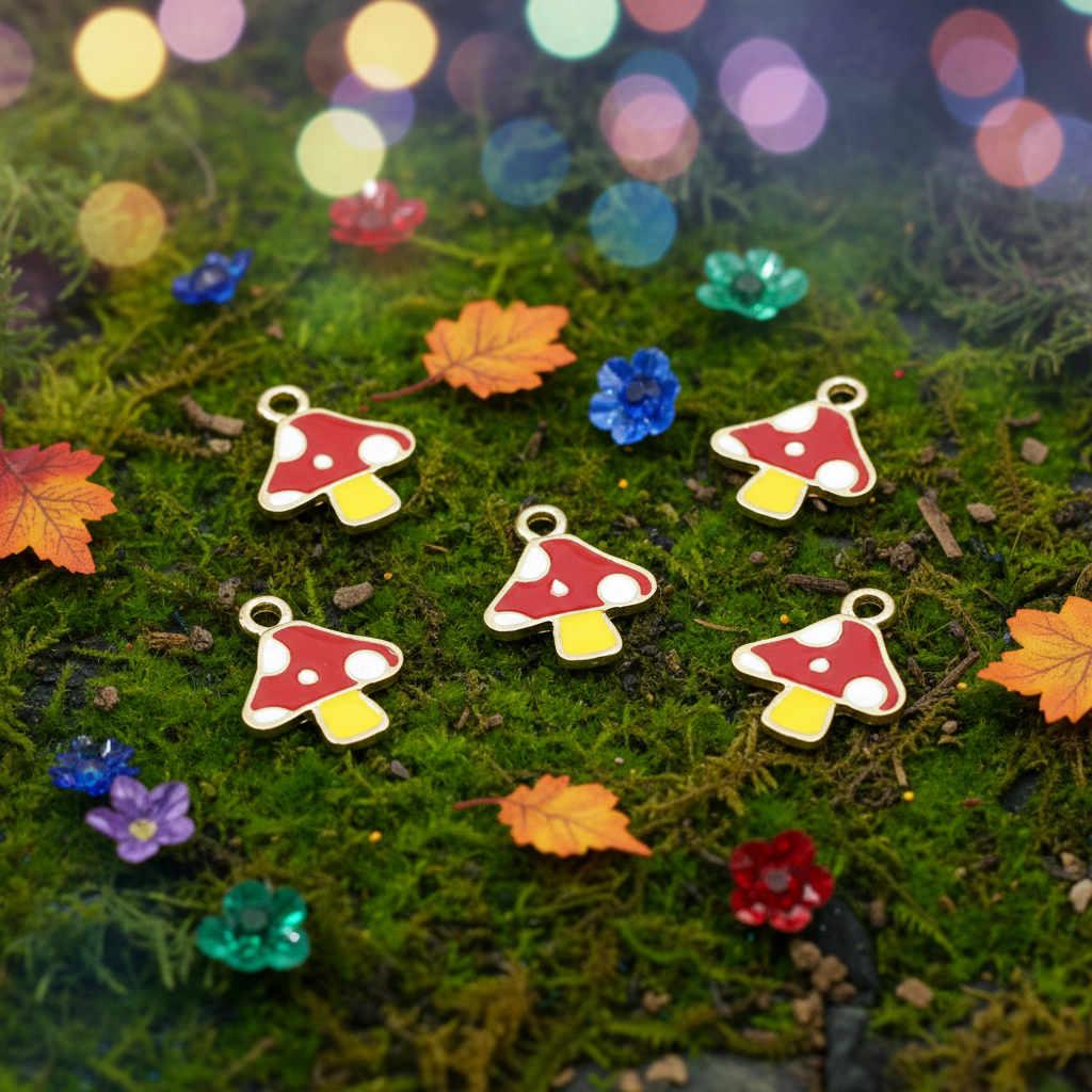 Five mushroom-shaped charms with red, white, and yellow enamel details are arranged on a bed of green moss with colorful autumn leaves and small decorative gems.