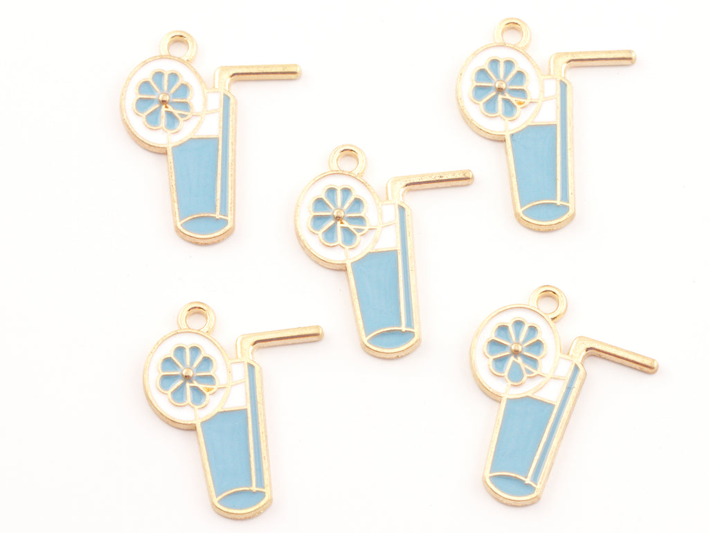 Five enamel blue tropical drink charms with  garnish and a straw, shown on a plain white background.