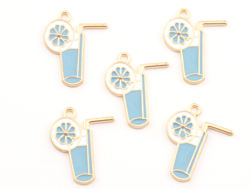 Five enamel blue tropical drink charms with  garnish and a straw, shown on a plain white background.