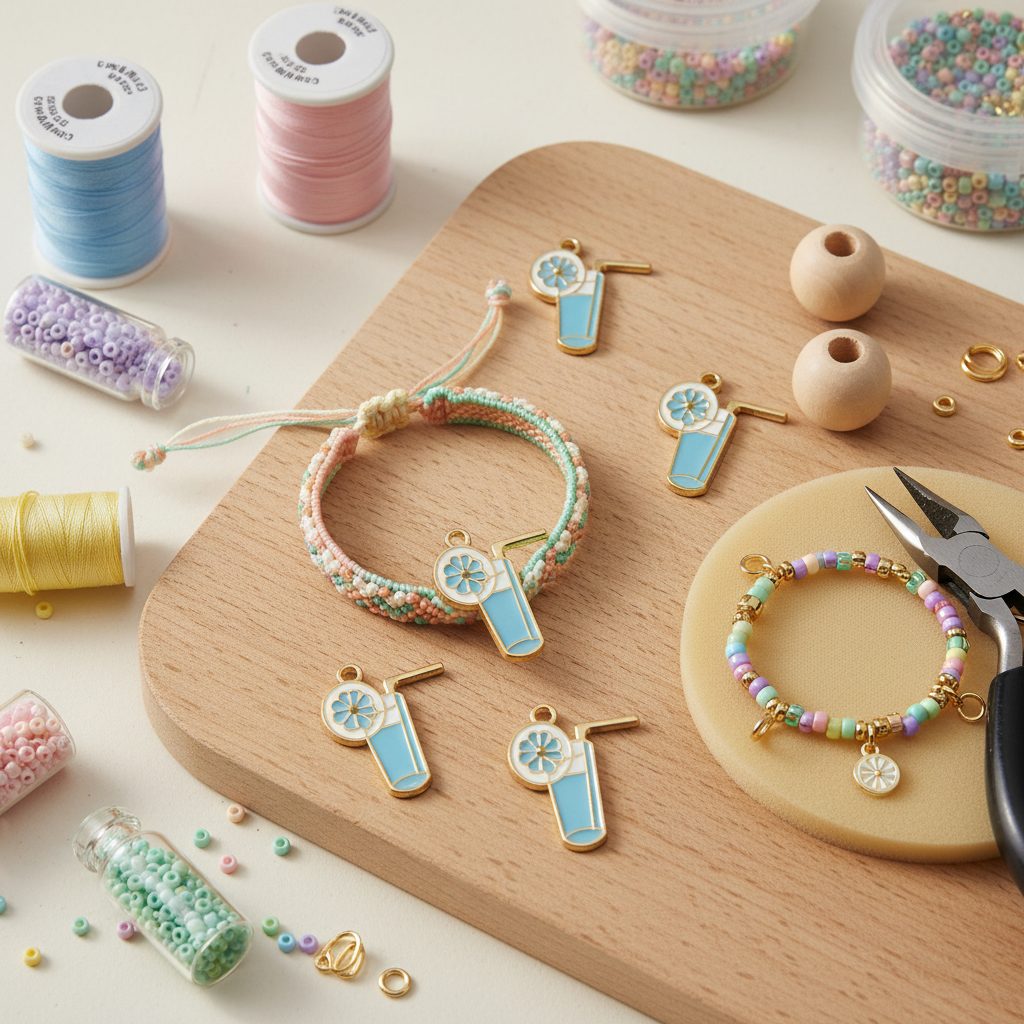 A styled flat-lay of handmade beaded bracelets and blue tropical drink enamel charms on a wooden cutting board, surrounded by spools of thread, beads, wooden beads, and pliers.