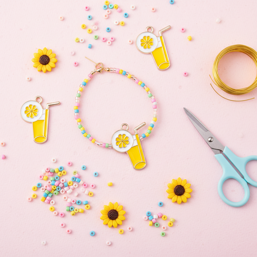 A flat-lay of a handmade beaded bracelet with yellow and white drink cup charms, surrounded by craft supplies including sunflower charms, colorful beads, gold wire, and blue-handled scissors on a pink background.