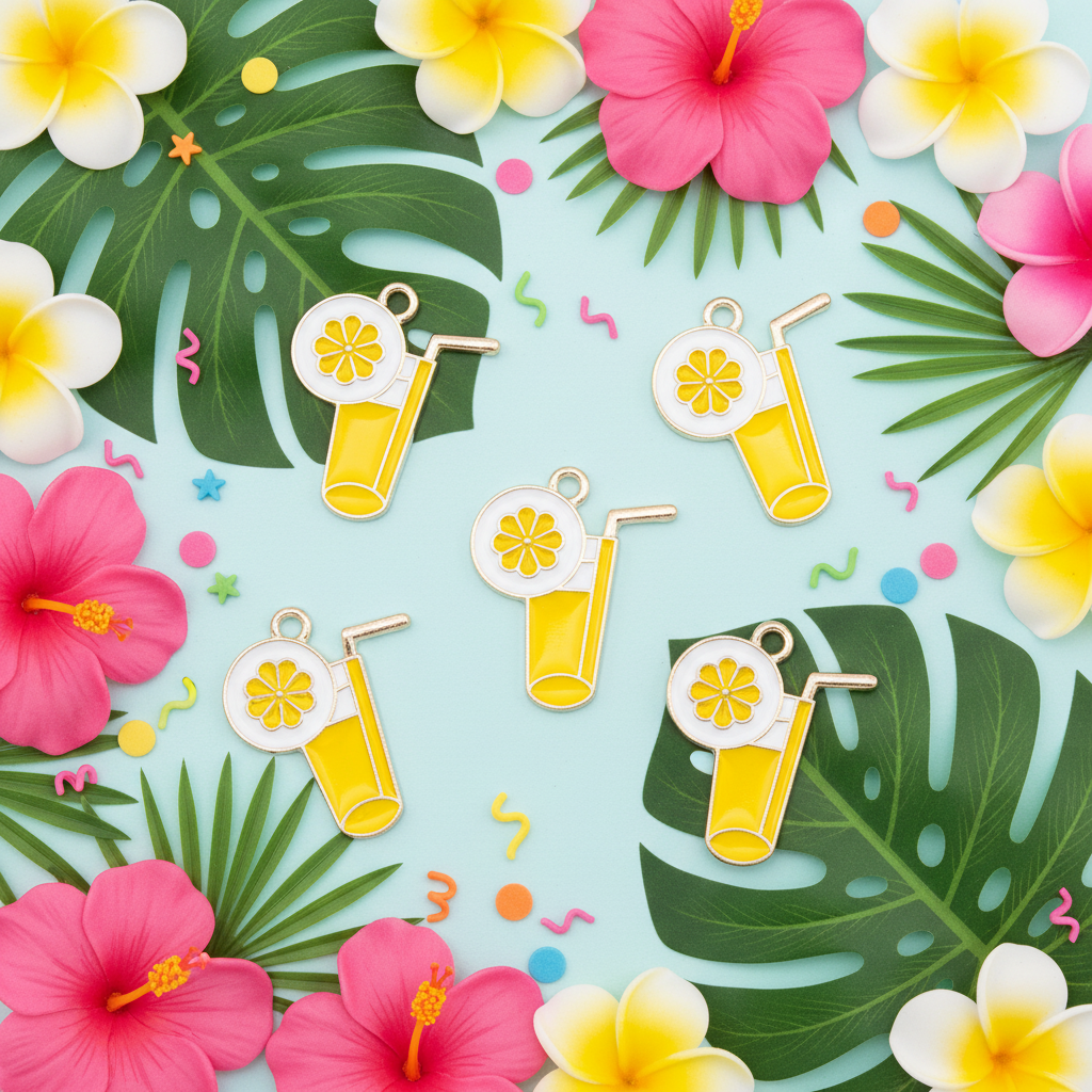 Five lemonade enamel lemonade drink charms with lemon slices and straws, arranged on a light blue background surrounded by pink and yellow flowers and green leaves.