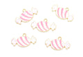 Five candy-shaped charms with pink and white stripes and glitter, outlined in gold, arranged on a plain white background.