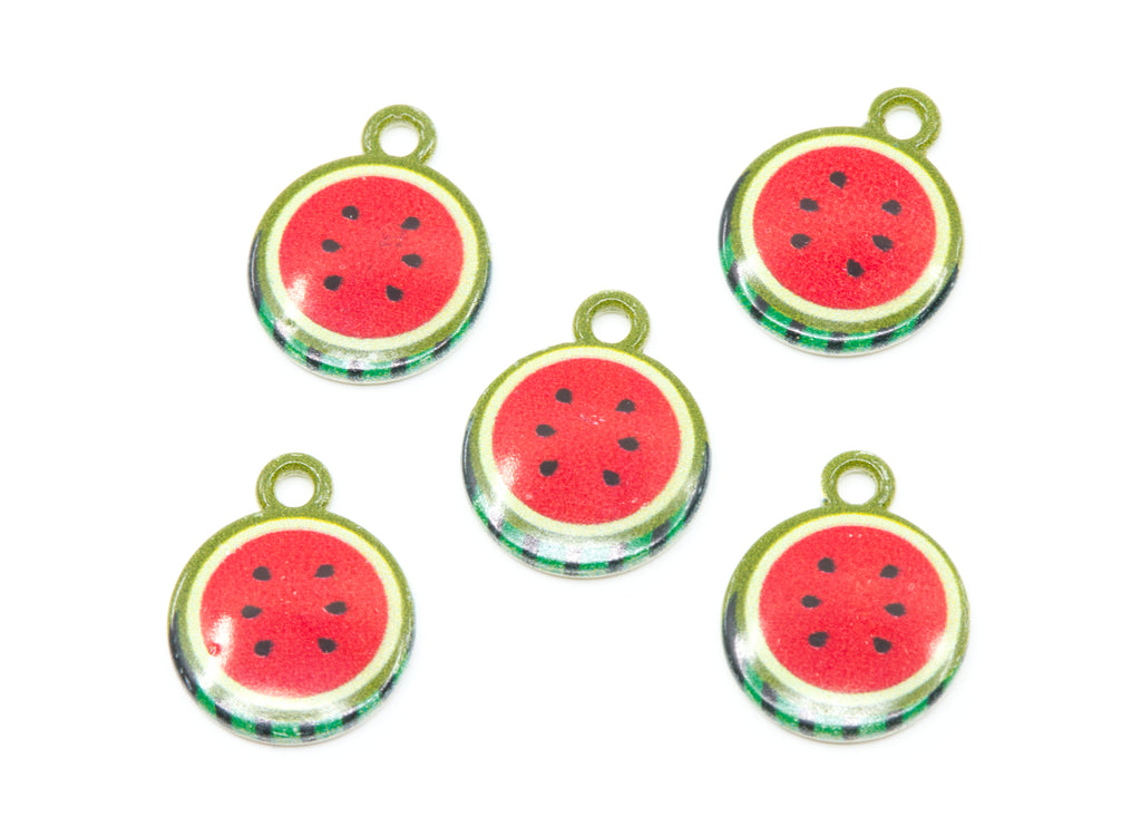 Five round watermelon-themed charms with hanging loops, featuring red centers, black seeds, and green rinds on a white background.