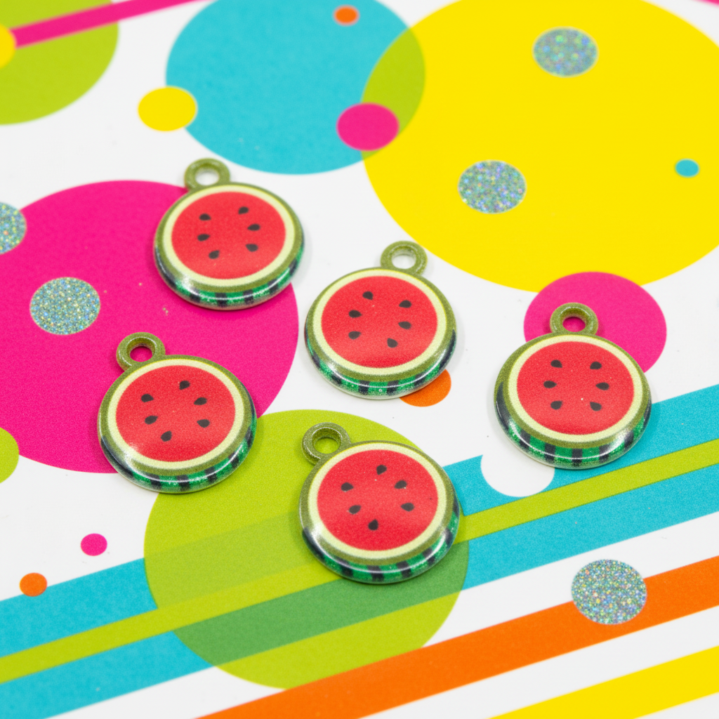 Five watermelon-themed jewelry charms with green rims and red centers are arranged on a colorful, polka-dot and striped background.