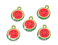 Five round watermelon-themed charms with hanging loops, featuring red centers, black seeds, and green rinds on a white background.