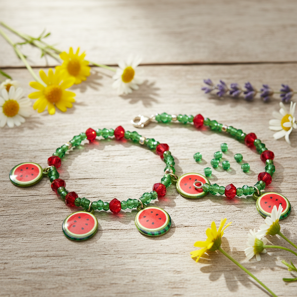 Two beaded bracelets with watermelon-themed charms arranged on a light wooden surface with small yellow and white flowers around them. The bracelets are made of green and red faceted beads, with round watermelon slice charms hanging from one end.
