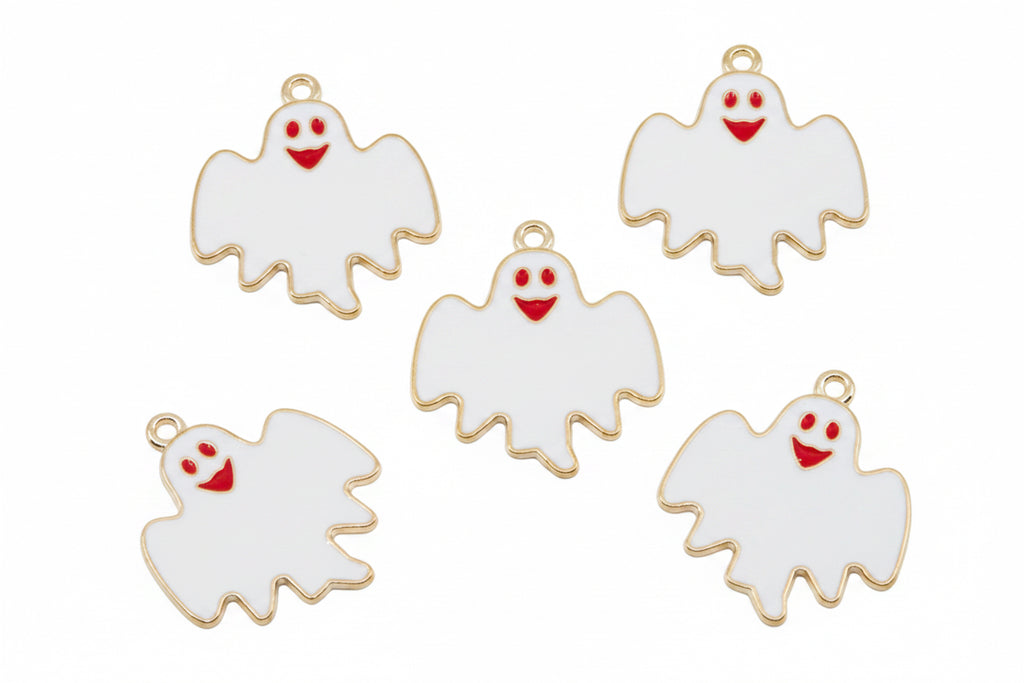 Five white ghost-shaped charms with red smiling faces and gold-tone borders, arranged on a white background.