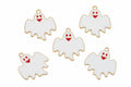 Five white ghost-shaped charms with red smiling faces and gold-tone borders, arranged on a white background.