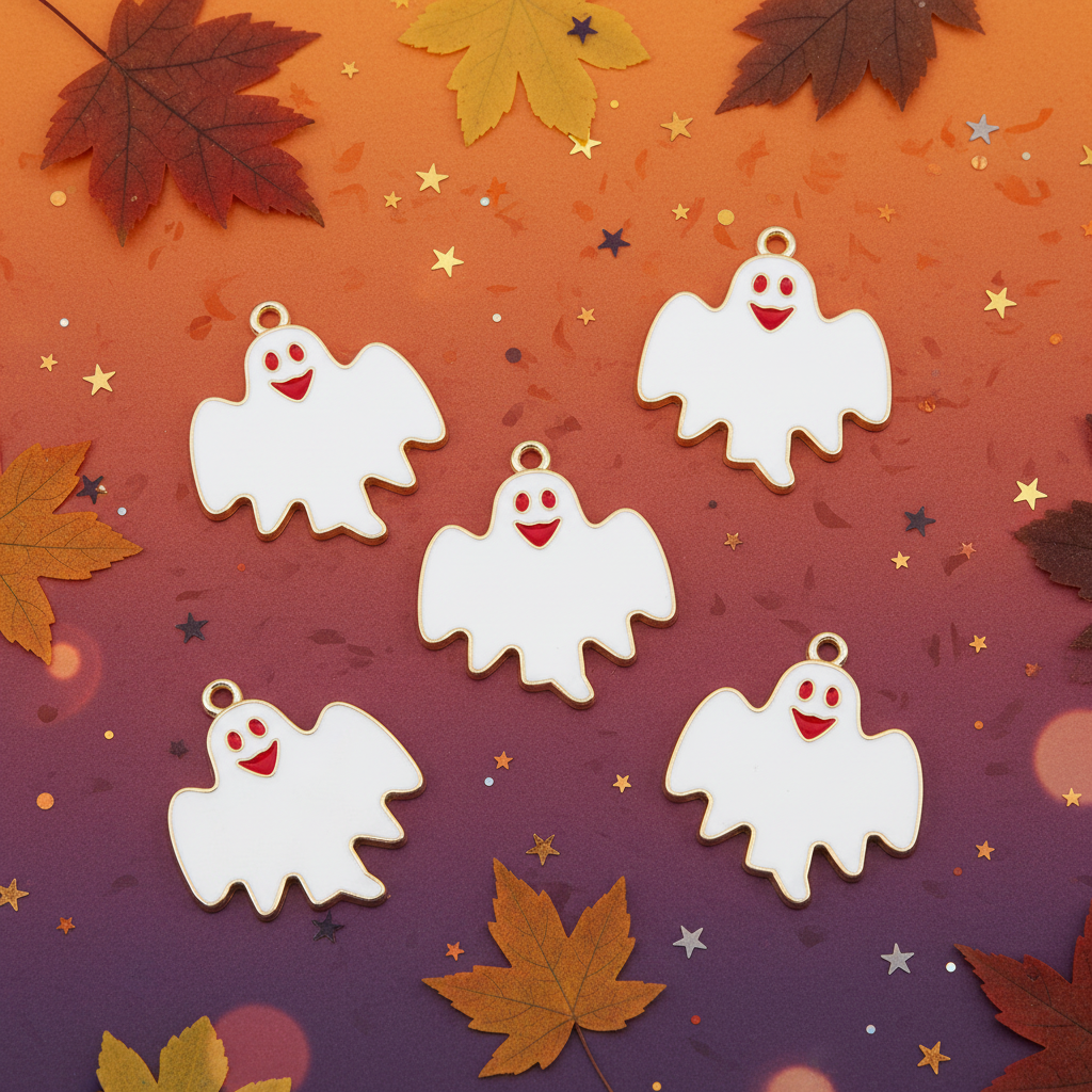 Five white ghost-shaped charms with red smiling faces and small hanging loops, arranged on an orange-to-purple gradient background with autumn leaves and star confetti.