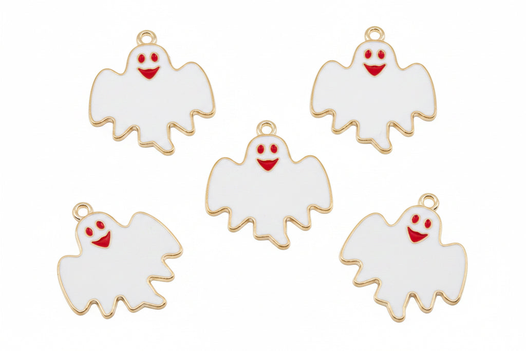 Five white ghost-shaped charms with red smiling faces and gold-tone borders, arranged on a white background.