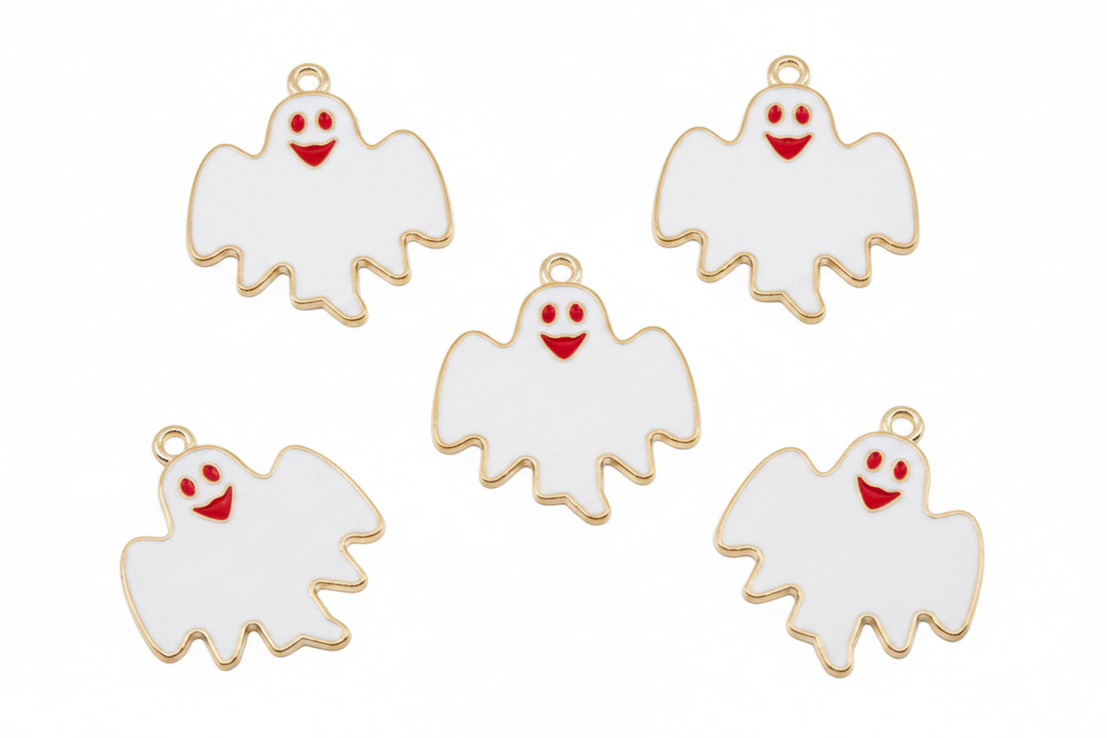 Five white ghost-shaped charms with red smiling faces and gold-tone borders, arranged on a white background.